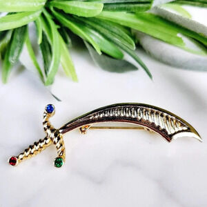 Vintage Gerry's Sword Brooch Pin Signed Rhinesone Cutlas Handle Goldtone…